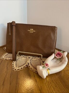 Coach Brown Saffiano Leather Wristlet Clutch with Gold Logo